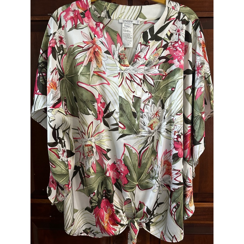 Chicos Tropical Floral Tie Front Blouse Pink Green Size 2.5 US 14 Dolman Sleeve